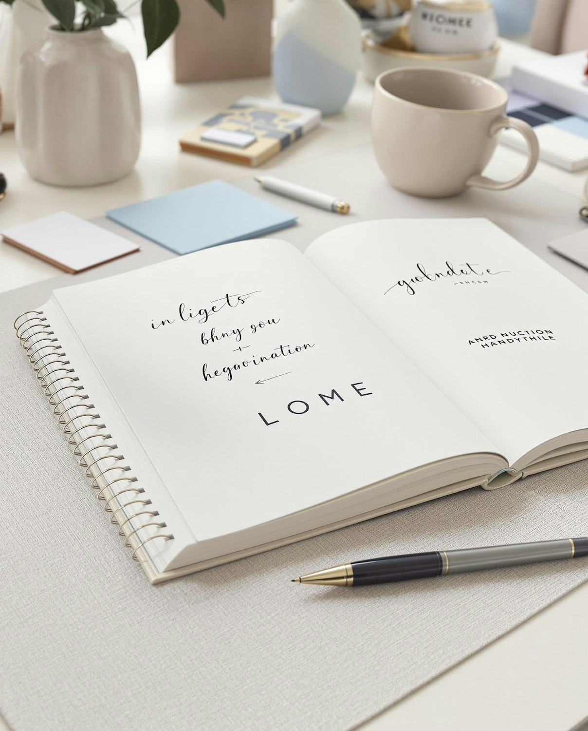 An open notebook with handwritten notes beside a pen and a mug