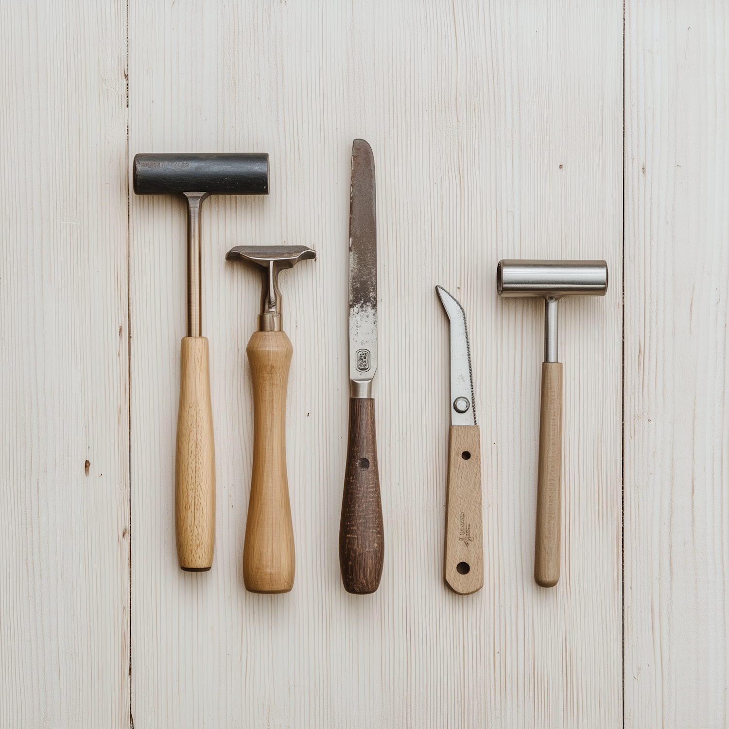 Five kitchen tools with wooden handles laid out on a light wooden surface