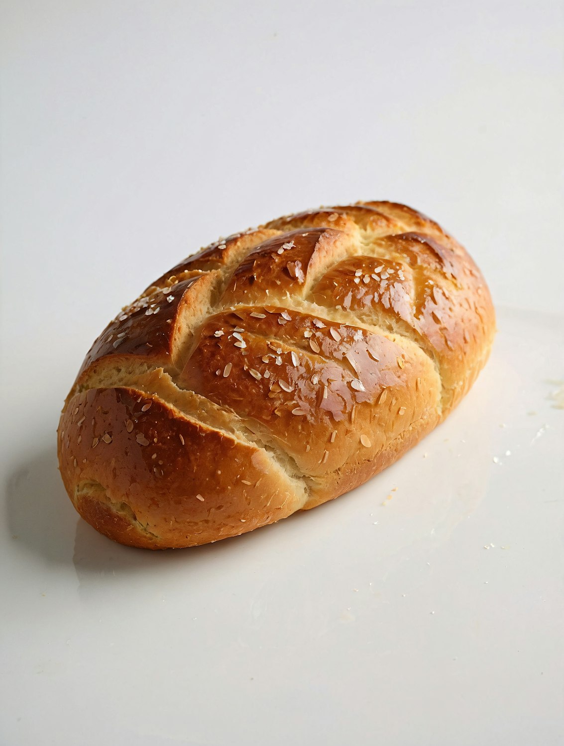 A golden braided loaf with a glossy crust and coarse salt on top