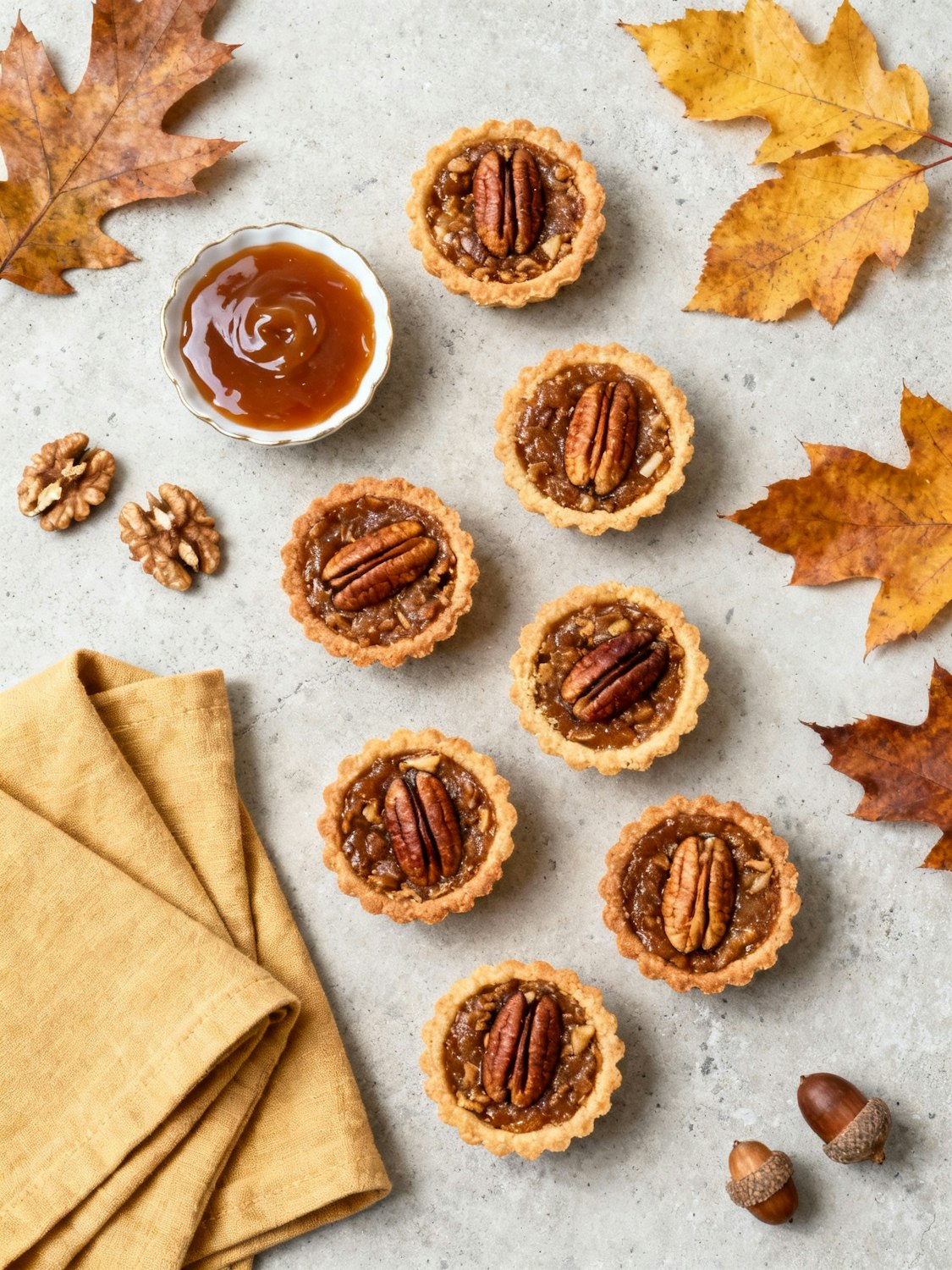 An autumn table with pecan tarts, caramel sauce, fallen leaves and acorns