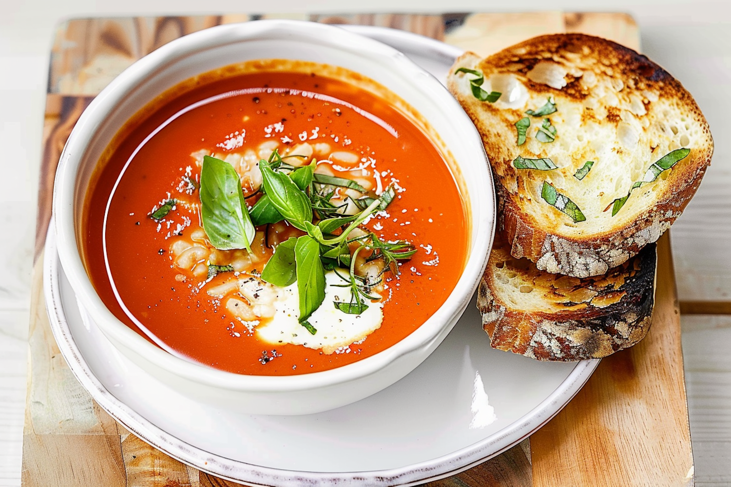 Tomato soup with basil and a swirl of cream, served with crisp herb-topped toast